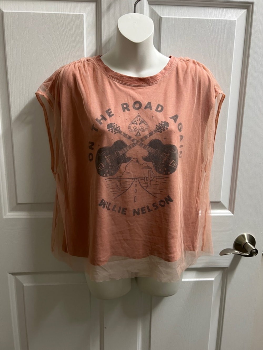 Anthropologie Pilcro tee shirt Peach Willie Nelson on the road again medium M